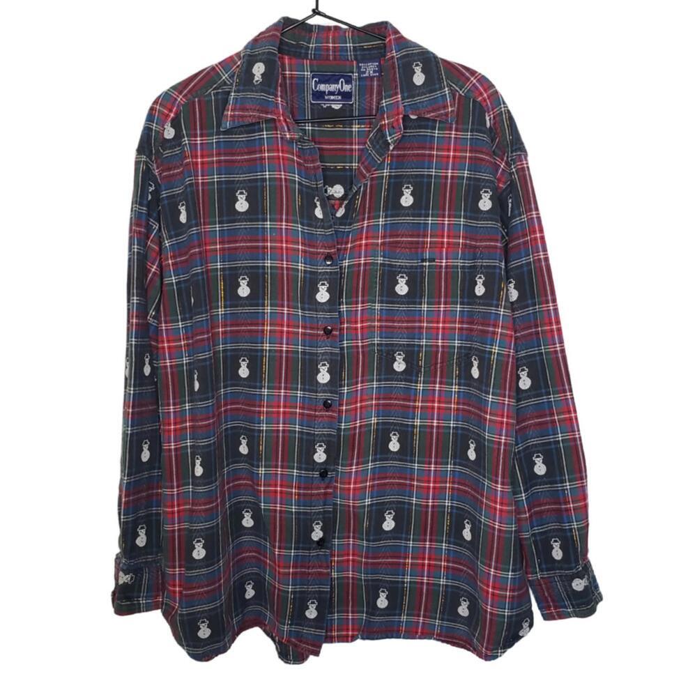 Vintage CompanyOne Women's Sz 2X Plaid Snowman Embroidered Button Down Top(1840)